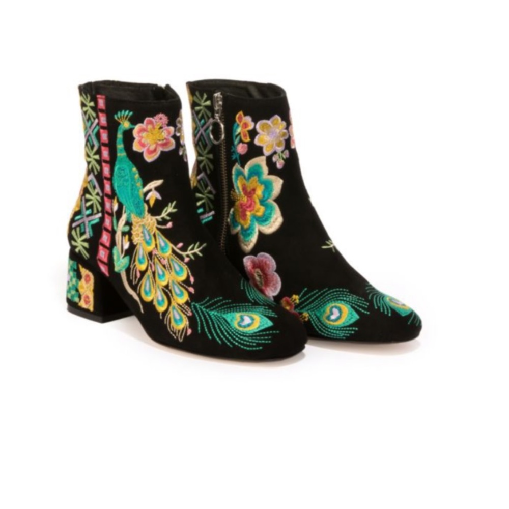 Johnny Was Retro Peacock Back Suede Embroidered